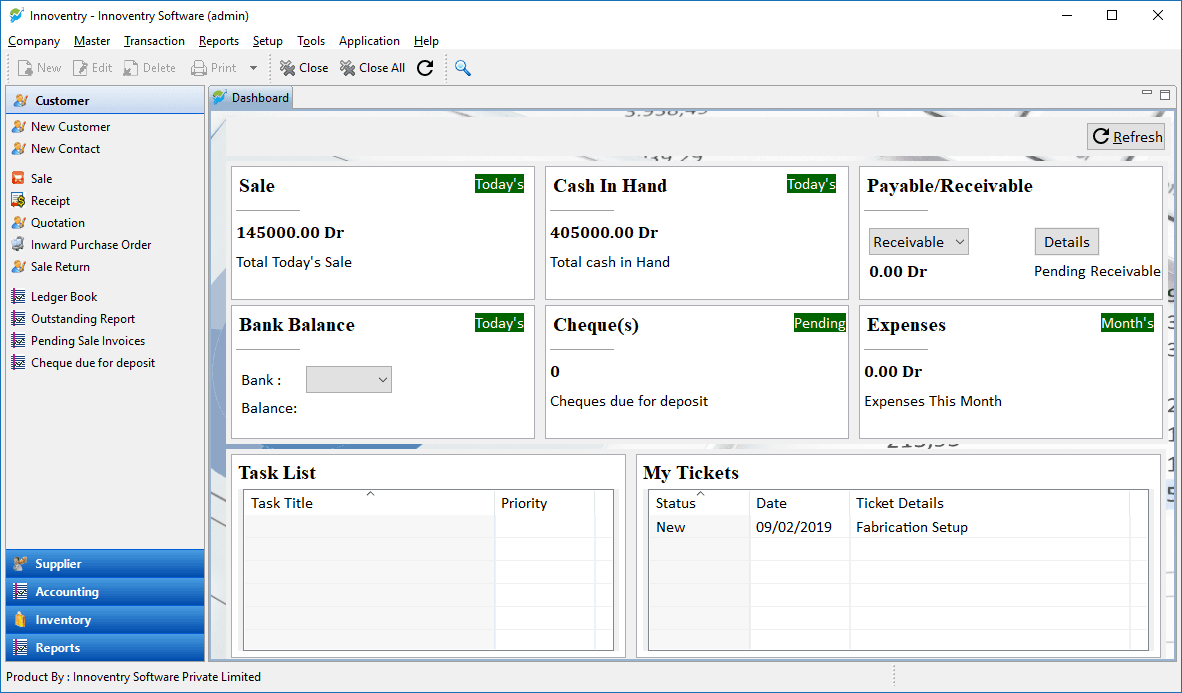 Innoventry dashboard showing today's sale, cash in hand, bank balance and expenses